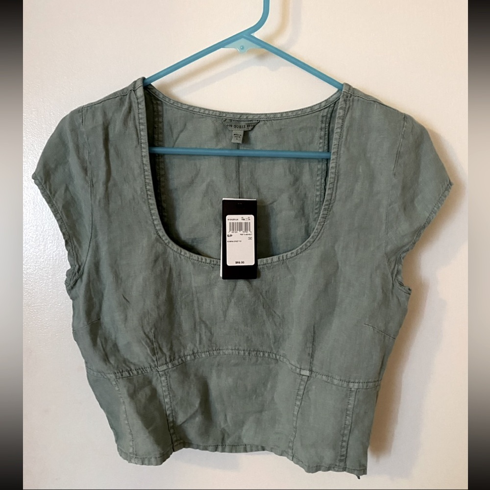 Guess-Women's-100% Linen-Sage Green-Crop Corset Style Top-Size Small